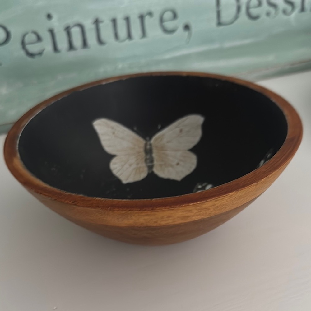 Butterfly Design Wooden Bowl Made in India - Picture 2 of 4